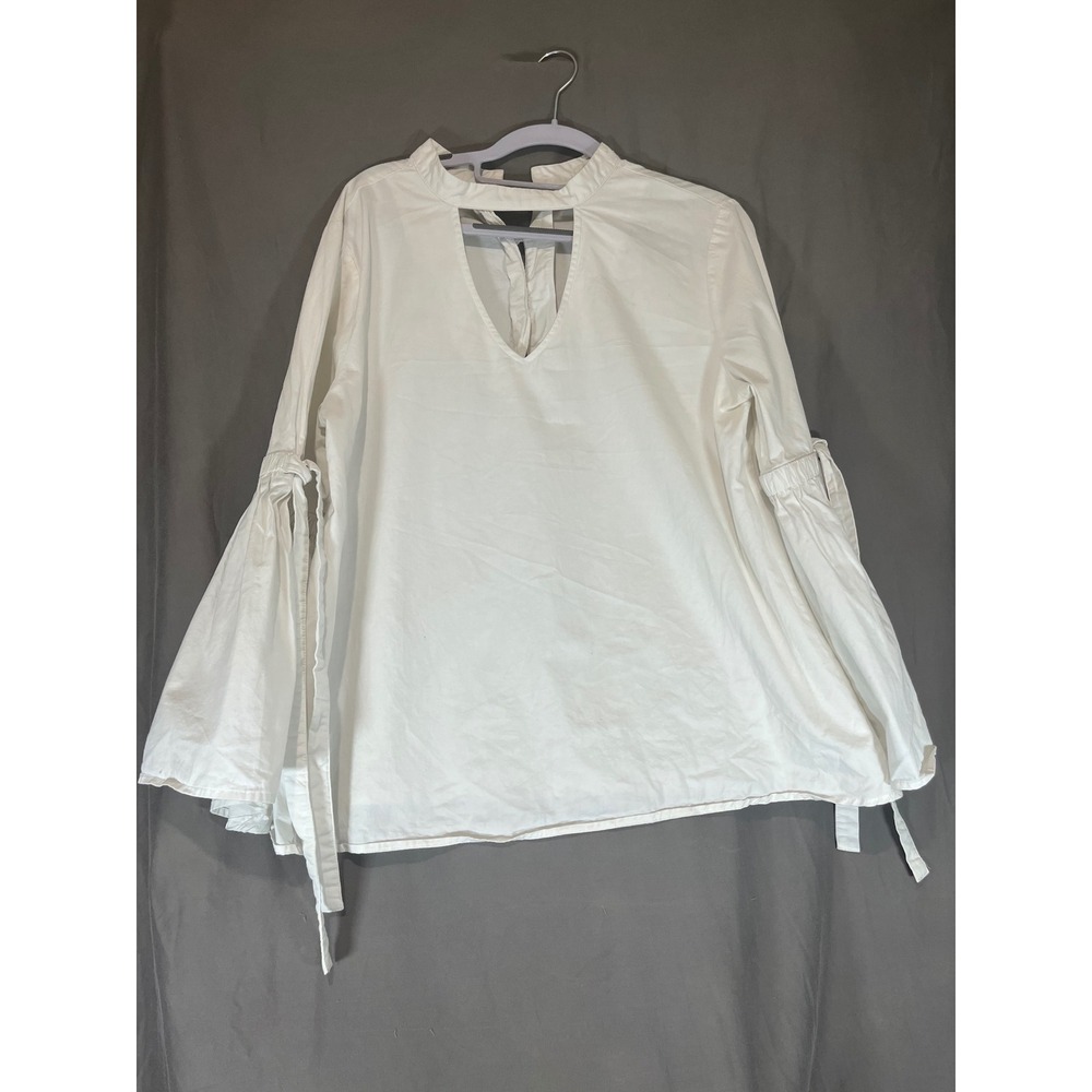 Morgan‎ Claire White Cotton Blend Mock Neck Bell Sleeve Tie Detail Blouse Top